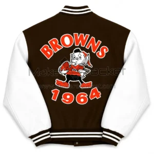 Back View Of Brown White Cleveland Browns Jacket Featuring BROWNS 1964 cartoon patch.