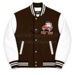 Front View Of Brown White Cleveland Browns Jacket Featuring leather sleeves and Browns cartoon chest patch.