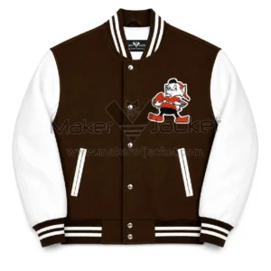 Front View Of Brown White Cleveland Browns Jacket Featuring leather sleeves and Browns cartoon chest patch.