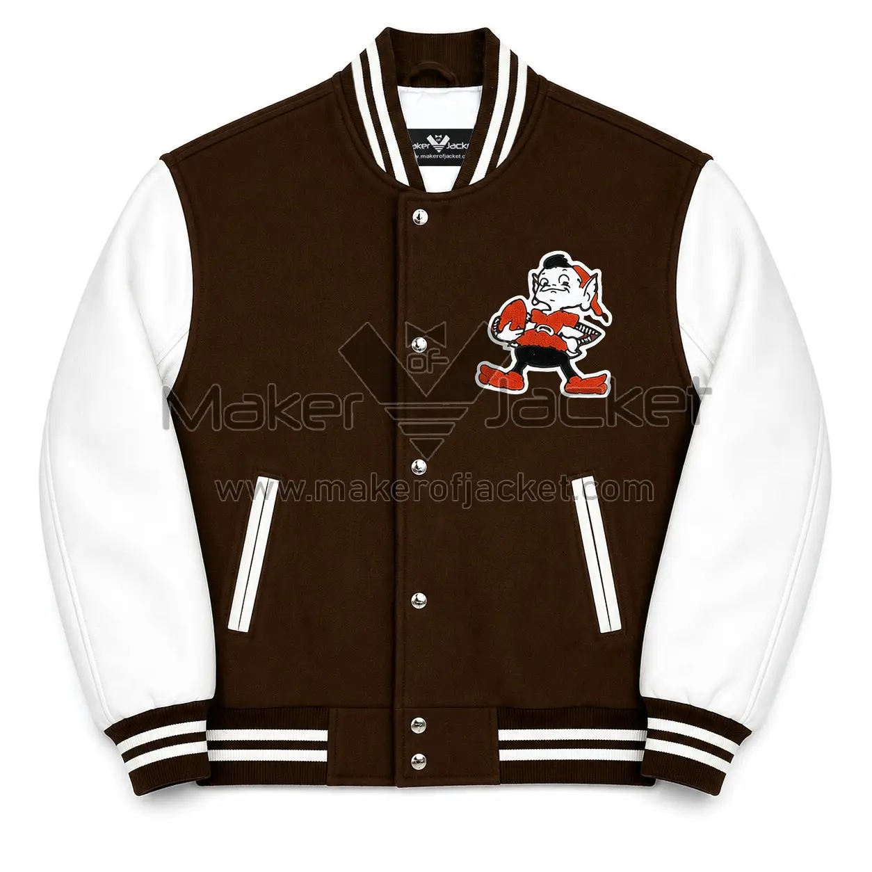 wm-Brown-White-Cleveland-Browns-Jacket-Front-Image Front View Of Brown White Cleveland Browns Jacket Featuring leather sleeves and Browns cartoon chest patch.