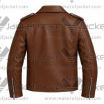 Back View Of Asymmetrical Brown Leather Biker Jacket Featuring equalets on shoulders and zipper cuffs.