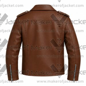Back View Of Asymmetrical Brown Leather Biker Jacket Featuring equalets on shoulders and zipper cuffs.
