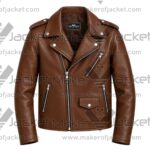 Front View of Asymmetrical Brown Leather Biker Jacket Featuring Lapel Collar, Zipper Closure and pockets.