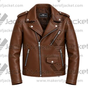 Front View of Asymmetrical Brown Leather Biker Jacket Featuring Lapel Collar, Zipper Closure and pockets.