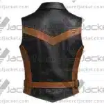 Back View Of Biker Riding Style Leather Vest Featuring Adjustable Waist Belt.