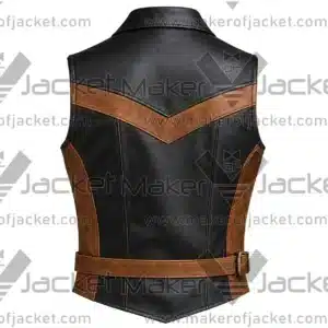 Back View Of Biker Riding Style Leather Vest Featuring Adjustable Waist Belt.
