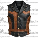 Front View Of Biker Riding Style Leather Vest Notch Lapel Collar and Waist Adjustment Belt.