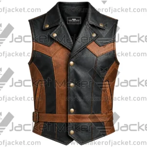 Front View Of Biker Riding Style Leather Vest Notch Lapel Collar and Waist Adjustment Belt.