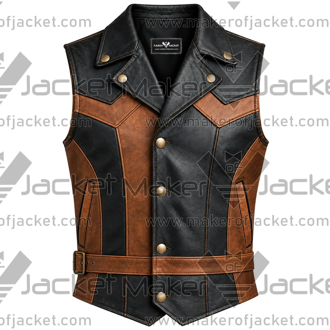Biker-Riding-Style-Leather-Vest-Front-Image Front View Of Biker Riding Style Leather Vest Notch Lapel Collar and Waist Adjustment Belt.