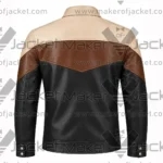 Back View of Black Brown Cream Leather Jacket Featuring buttons on cuffs and open hem hemline and colorblack design.