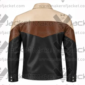 Back View of Black Brown Cream Leather Jacket Featuring buttons on cuffs and open hem hemline and colorblack design.