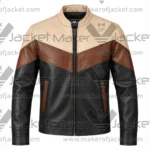 Front View of Black Brown Cream Leather Jacket Featuring Stand up collar zipper closure and pockets.
