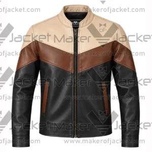 Front View of Black Brown Cream Leather Jacket Featuring Stand up collar zipper closure and pockets.