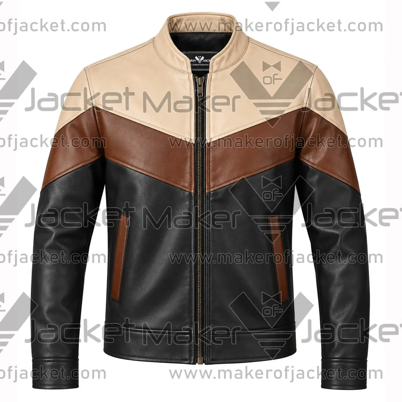 Black-Brown-Cream-Leather-Jacket-Front-Image Front View of Black Brown Cream Leather Jacket Featuring Stand up collar zipper closure and pockets.