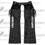 Back View of Black Leather Fringed Riding Chaps Featuring Adjustable Back Fringes and ICON Patch Design.