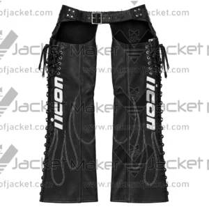 Back View of Black Leather Fringed Riding Chaps Featuring Adjustable Back Fringes and ICON Patch Design.