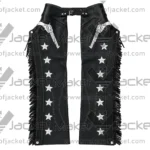 Front View Of Black Leather Fringed Riding Chaps Featuring Gun and Star Design, Side Fringes.