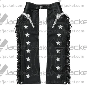 Front View Of Black Leather Fringed Riding Chaps Featuring Gun and Star Design, Side Fringes.