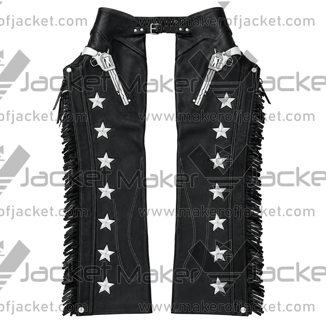 Black-Leather-Fringed-Riding-Chaps-Front-Image Front View Of Black Leather Fringed Riding Chaps Featuring Gun and Star Design, Side Fringes.