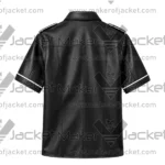 Back View of Black Leather Snap Button Shirt Featuring Short Sleeves and Shoulder Epaulets.