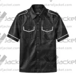 Front View oF Black Leather Snap Button Shirt Featuring Shirt style collar, Chest Flap Pockets.