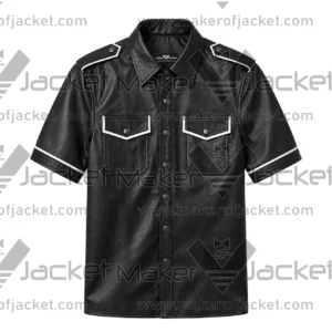Front View oF Black Leather Snap Button Shirt Featuring Shirt style collar, Chest Flap Pockets.