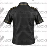 Back View of Black Leather Yellow Trim Shirt Featuring Short Sleeves Red equalets on shoulders.