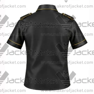 Back View of Black Leather Yellow Trim Shirt Featuring Short Sleeves Red equalets on shoulders.