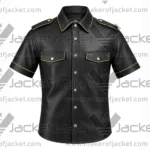 Front View oF Black Leather Yellow Trim Shirt Featuring Shirt style collar and Snap Button styel closure.