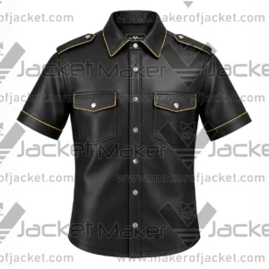 Front View oF Black Leather Yellow Trim Shirt Featuring Shirt style collar and Snap Button styel closure.
