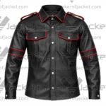 Front View of Black Red Leather Shirt Featuring Chest Flap Pockets and shirt style collar.