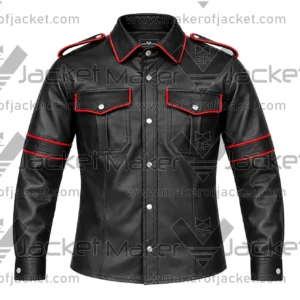 Front View of Black Red Leather Shirt Featuring Chest Flap Pockets and shirt style collar.