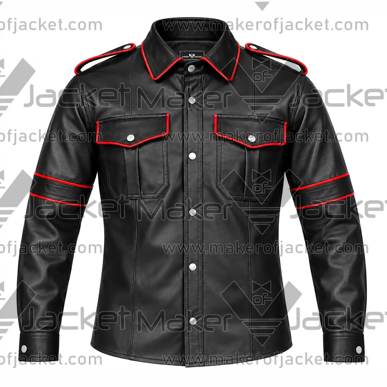 Black-Red-Leather-Shirt-Front-Image Front View of Black Red Leather Shirt Featuring Chest Flap Pockets and shirt style collar.