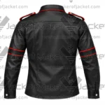 Back View of Sleeve Black Red Leather Shirt Featuring Shoulder Epaulettes and short sleeves.