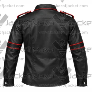 Back View of Sleeve Black Red Leather Shirt Featuring Shoulder Epaulettes and short sleeves.
