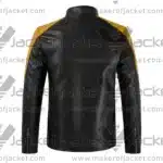 Back View oF Black Yellow Color Block Jacket Featuring Padded Design on shoulders and Sleeves and Zipper Cuffs.