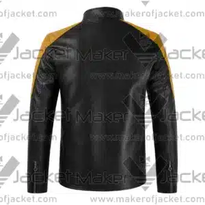 Back View oF Black Yellow Color Block Jacket Featuring Padded Design on shoulders and Sleeves and Zipper Cuffs.