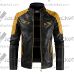 Front View Of Black Yellow Color Block Jacket Featuring Zip Up collar and zipper closure and pockets.