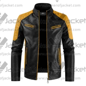 Front View Of Black Yellow Color Block Jacket Featuring Zip Up collar and zipper closure and pockets.