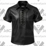 Front View Of Black leather lace up Shirt Featuring Shirt Collar and Arm Belt Buckles.