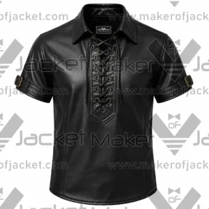 Front View Of Black leather lace up Shirt Featuring Shirt Collar and Arm Belt Buckles.