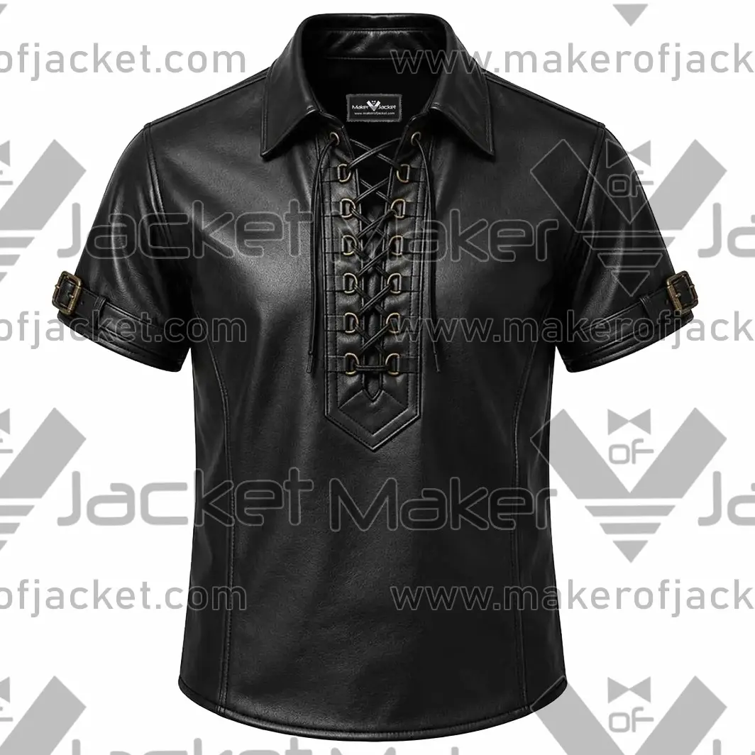 Black-leather-lace-up-Shirt-Front-Image Front View Of Black leather lace up Shirt Featuring Shirt Collar and Arm Belt Buckles.