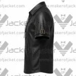 Left Side View oF Black leather lace up Shirt Featuring Arm Belt Buckle.