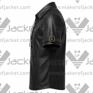 Left Side View oF Black leather lace up Shirt Featuring Arm Belt Buckle.