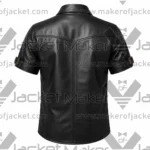 Back View Of Black leather lace up Shirt Featuring Black Leather with Short Sleeves.
