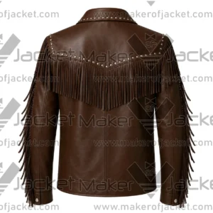 Back View Of Brown Fringe Studded Leather Jacket Featuring Brown fringed and silver studded.