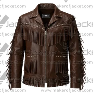Front View of Brown Fringe Studded Leather Jacket Featuring Zipper Closure and Patch pockets.