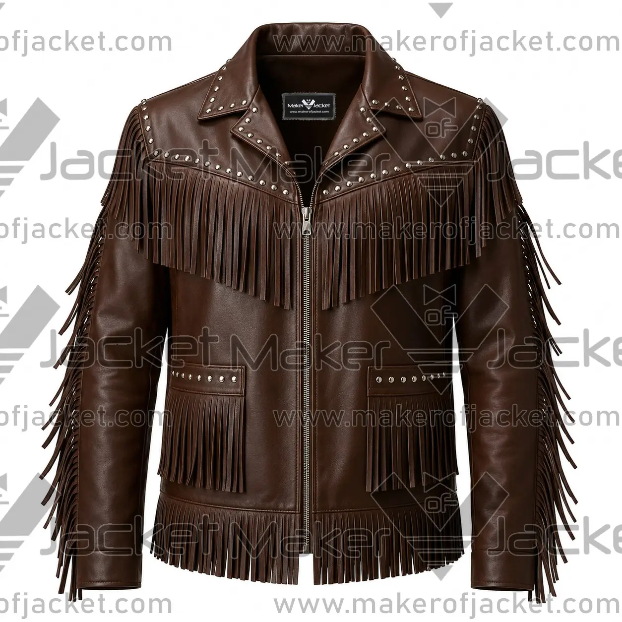 Brown-Fringe-Studded-Leather-Jacket-Front-Image Front View of Brown Fringe Studded Leather Jacket Featuring Zipper Closure and Patch pockets.