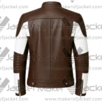 Back View Of Brown White Quilted Leather Jacket Featuring Quilted Design on Shoulder and sleeves and zipper cuffs.