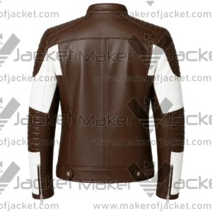 Back View Of Brown White Quilted Leather Jacket Featuring Quilted Design on Shoulder and sleeves and zipper cuffs.